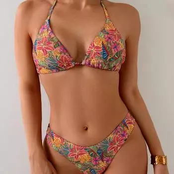 Женский пляжный бикини с европейским и американским принтом 2025 - Сексуальный раздельный купальник для горячих источников Small красный