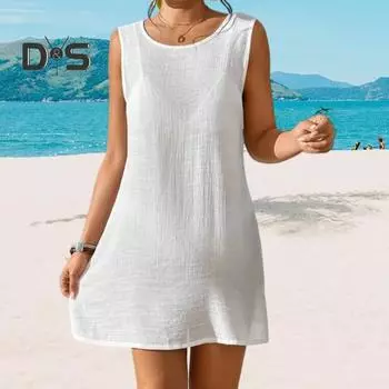 Женский пляжный халат с открытой спиной и круглым вырезом без рукавов, однотонный, свободный, защита от солнца, анти-УФ, мягкий, дышащий, бикини, купальник, прикрывающий женское пляжное платье L чёрный