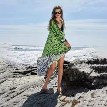 Женский пляжный кардиган с леопардовым принтом, длинный рукав, свободный крой, легкий бикини, открытый