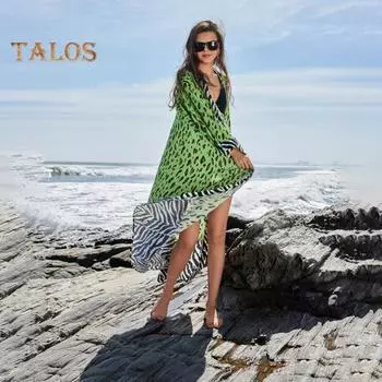 Женский пляжный кардиган с леопардовым принтом, длинный рукав, свободный крой, легкий купальник-бикини с открытым передом, средней длины, пальто зелёный