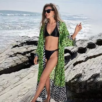 Женский пляжный кардиган с леопардовым принтом, длинный рукав, свободный крой, легкий купальник-бикини с открытым передом, средней длины, пальто зелёный
