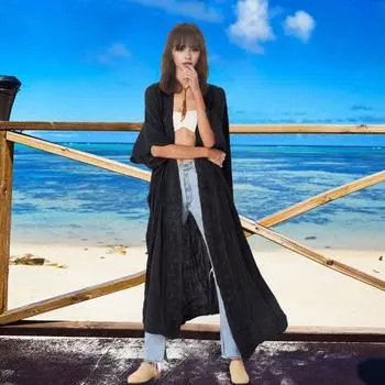 Женский пляжный кардиган с солнцезащитным кремом и защитой от ультрафиолета, с длинными рукавами, кружевной, в стиле бохо, бикини, накидка, тонкая, длиной до икры белый