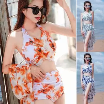 Женский пляжный комплект бикини из 3 шт./компл., бюстгальтер без рукавов с лямкой на шее, шорты с высокой талией, трусы, комплект с длинными рукавами, кардиган, купальный костюм с принтом тай-дай L синий