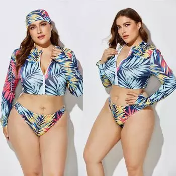 Женский пляжный комплект из трех предметов с высокой талией и принтом, разделенный длинными рукавами XXXXL синий