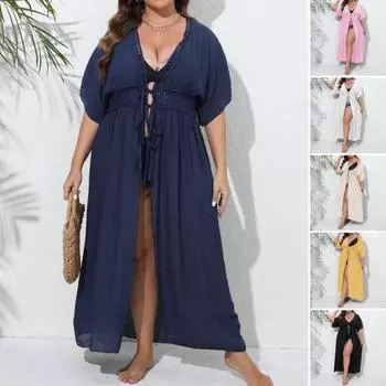 Женский пляжный купальник, купальник, бикини, защита от солнца, полый кардиган, кружевная блузка, свободная накидка абрикосовый