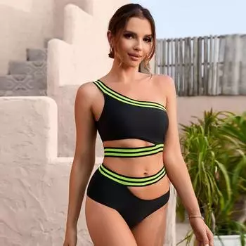 Женский пляжный купальный костюм бикини, сексуальный цельный купальник на одно плечо, тонкий купальник, нерегулярный комплект, сплошной цвет S чёрный