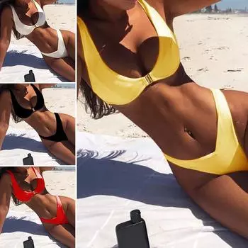 Женский пляжный летний комплект бикини, купальный костюм из двух частей, сплошной цветной купальник S белый