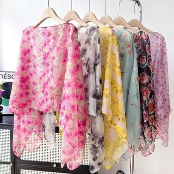 Женский пляжный пуловер с защитой от ультрафиолета, шаль, пончо, солнцезащитный крем, шифоновый шарф с цветочным принтом, летний тонкий