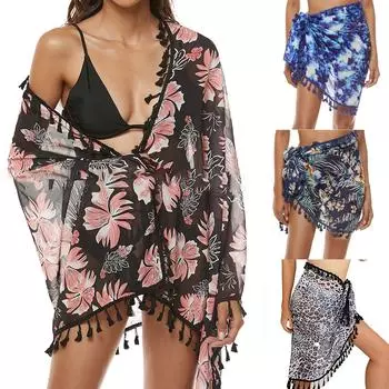 Женский пляжный саронг с принтом, накидка, шифоновый купальник, юбки с запахом F чёрный