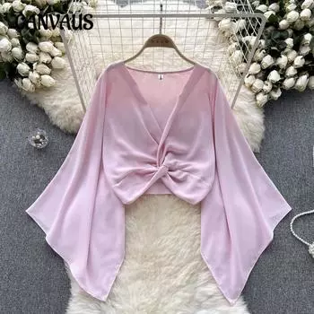 Женский плюс размер новый V-образный вырез с длинным рукавом короткий шифоновый топ с перекрученными роговыми вставками one size розовый