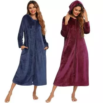Женский плюшевый флисовый халат на молнии с капюшоном, теплый длинный халат, халат, зимний уютный шезлонг на молнии, одежда для сна, домашний халат, домашняя одежда, ночная рубашка M серый