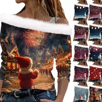 Женский плюшевый пуловер с длинными рукавами и рождественским принтом Christmas Elements L горячий розовый