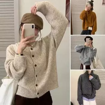 Женский плюшевый свитер, пальто с высоким воротником, длинным рукавом, свободный крой, вязаный свитер, застежка на пуговицы, трикотаж светло-серый