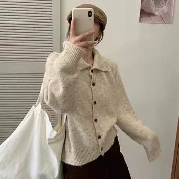 Женский плюшевый свитер, пальто с высоким воротником, длинным рукавом, свободный крой, вязаный свитер, застежка на пуговицы, трикотаж темно-серого