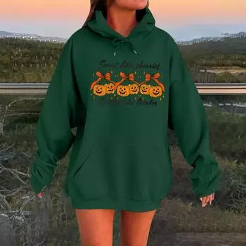 Женский плюшевый свитшот с длинными рукавами оверсайз со спущенными плечами и капюшоном с принтом на Хэллоуин S