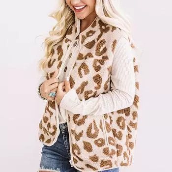 Женский плюшевый теплый легкий жилет без рукавов на молнии с леопардовым карманом Топы XXL