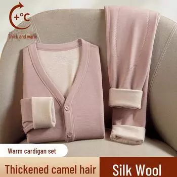 Женский плюшевый термокардиган с длинными рукавами из верблюжьей шерсти для осени/зимы — для среднего и старшего возраста XL светло-фиолетовый