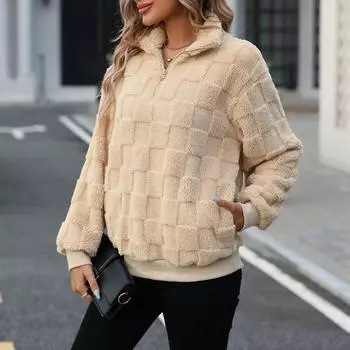 Женский плюшевый тикированный свитер с длинными рукавами и свободной шапкой L бежевый