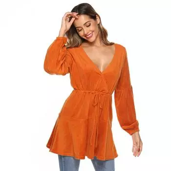 Женский плюшевый топ с длинными рукавами и V-образным вырезом S оранжевый