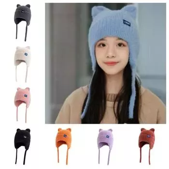 Женский подарок милый кошачий ушной вкладыш теплая ветрозащитная вязаная шапка новая зимняя шапка оранжевый