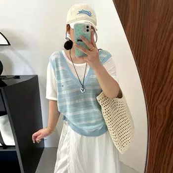 Женский поддельный двухсекционный топ, женский полосатый вязаный свитер, летняя утягивающая свободная футболка с короткими рукавами XL чёрный