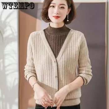 Женский поддельный свитер из двух частей с длинными рукавами, осенняя футболка для мам, топ большого размера для женщин M