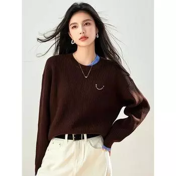 Женский поддельный свитер из двух частей 2024 года, осень-зима, новый длинный рукав, круглый вырез, свободный трикотаж, повседневные универсальные теплые топы S