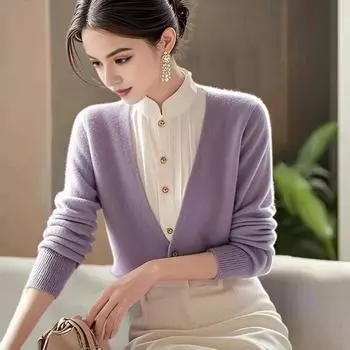 Женский поддельный свитер из двух частей с длинным рукавом и полуворотником-водолазкой контрастного цвета, свитер-рубашка в стиле ретро, вязаные топы фиолетовый