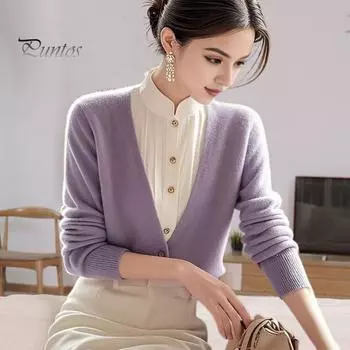 Женский поддельный свитер из двух частей с длинным рукавом и полуворотником-водолазкой контрастного цвета, свитер-рубашка в стиле ретро, вязаные топы фиолетовый