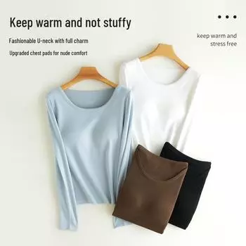 Женский полосатый бархатный термотоп с длинными рукавами и U-образным вырезом S (80-95 jin) верблюд