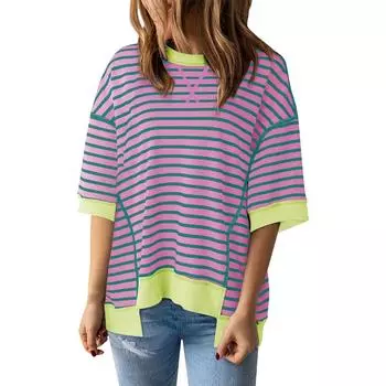 Женский полосатый цветной дизайн с заниженными плечами, пуловер с короткими рукавами, женский топ XXL фиолетовый