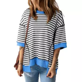 Женский полосатый цветной дизайн с заниженными плечами, пуловер с короткими рукавами, женский топ L чёрный
