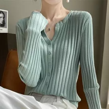 Женский полосатый кардиган с круглым вырезом: Легкий, свободный, от маленького до большого размера, шерстяной свитер для ранней весны. белый