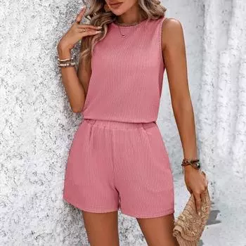 Женский полосатый комплект из двух частей: майка без рукавов и шорты с эластичным поясом и карманами, повседневный спортивный костюм для отдыха на пляже, уличная одежда S темно-серого