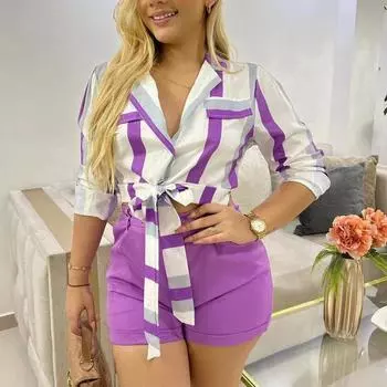 Женский полосатый комплект из двух предметов с коротким цифровым принтом, лето S
