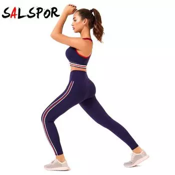 Женский полосатый контрастный цвет, одежда для йоги, быстросохнущий дышащий спортивный костюм из двух предметов для фитнеса