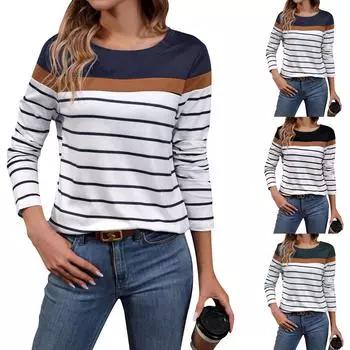 Женский полосатый модный свободный пуловер с круглым вырезом, вязаный топ с длинными рукавами L чёрный