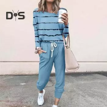 Женский полосатый напечатанный комплект из двух частей, спортивный костюм с длинными рукавами, спортивные штаны с карманами, повседневный спортивный костюм для тренировок S светло-синий