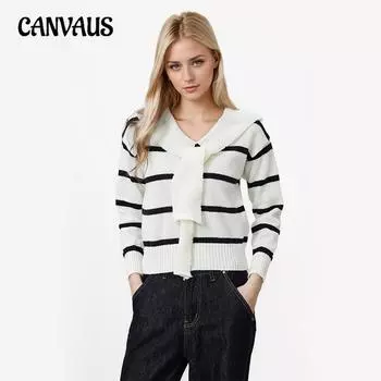 Женский полосатый стеганый свитер с длинным рукавом и V-образным вырезом, повседневный трикотаж one size белый