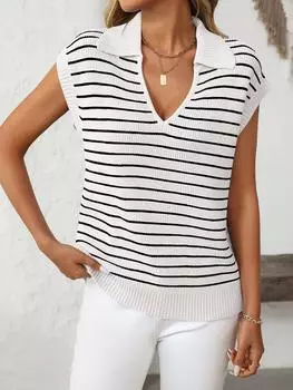 Женский полосатый свитер 2025 года, повседневный свободный укороченный топ с лацканами, дышащая уличная футболка в стиле ретро 2020 года с ребристым подолом S светло-синий