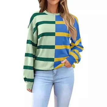 Женский полосатый свитер оверсайз 2025 с круглым вырезом и длинным рукавом, трикотажный свободный свитер с цветными блоками, повседневный топ S кофейный