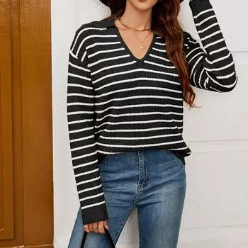 Женский полосатый свитер, повседневный, свободный, с длинным рукавом, вязаный снизу свитер L чёрный