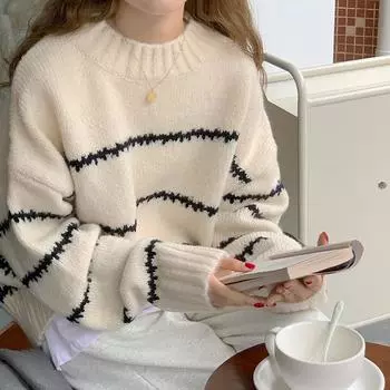 Женский полосатый свитер, повседневный свободный свитер с круглым вырезом и длинным рукавом, свитера на осень 2024 года, женский модный трикотаж One Size