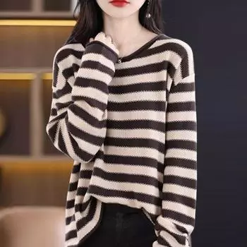 Женский полосатый свитер, пуловер для жены, новинка 2023 года, осенний повседневный свободный вязаный свитер с круглым вырезом и длинными рукавами, женский пуловер