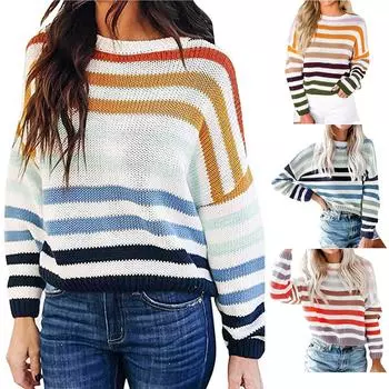 Женский полосатый свитер с цветными блоками, трикотаж, лоскутный пуловер, топы L зелёный