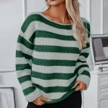 Женский полосатый свитер с круглым вырезом и длинным рукавом, цветные трикотажные топы, повседневные трикотажные пуловеры, свитера, модная одежда на осень L темно-зеленого