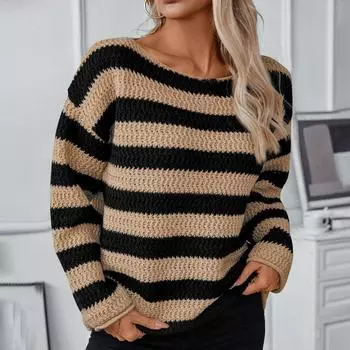 Женский полосатый свитер с круглым вырезом и длинным рукавом, цветные трикотажные топы, повседневные трикотажные пуловеры, свитера, модная одежда на осень S хаки