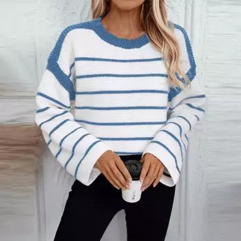 Женский полосатый свитер с круглым вырезом и длинным рукавом, цветные трикотажные топы, повседневные трикотажные пуловеры, свитера, модная одежда на осень S