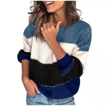 Женский полосатый свободный свитер с длинными рукавами и круглым вырезом L синий