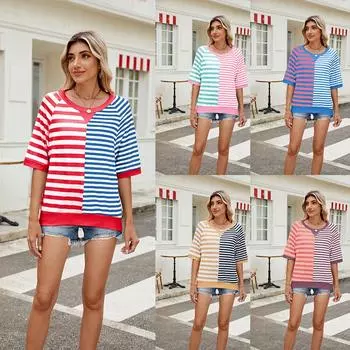 Женский полосатый свободный свитер с круглым вырезом и короткими рукавами в стиле колор-блок L зелёный